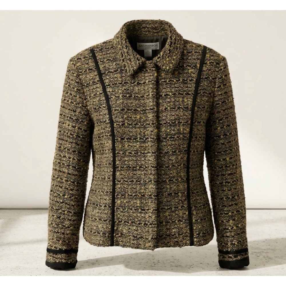 VTG Y2K Quiet Luxury Tweed Blazer Jacket Metallic Velvet Trim SzM Chanel like